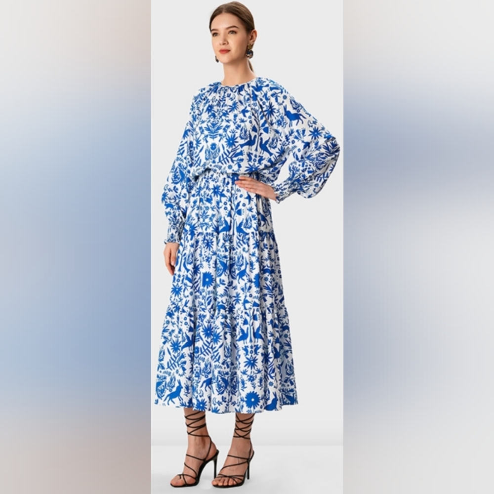 eShakti Blue and White Floral Dress